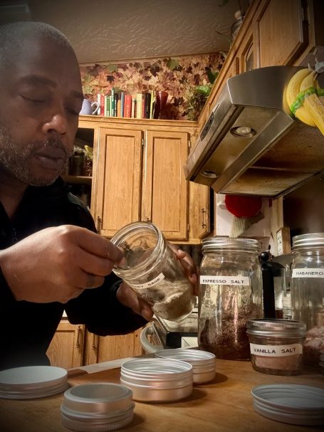 Son checking out apples